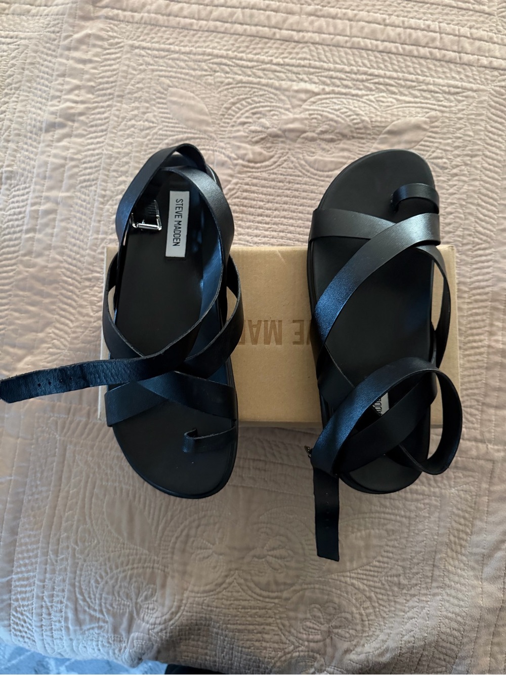 Steve Madden Mira Black Leather Wrap-Strap Flat Sandals